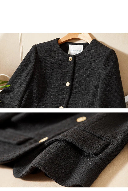 Sentubila preto recortado tweed jaqueta para mulher 2025 primavera único breasted moda estilo coreano casacos curtos outerwears 123w42756