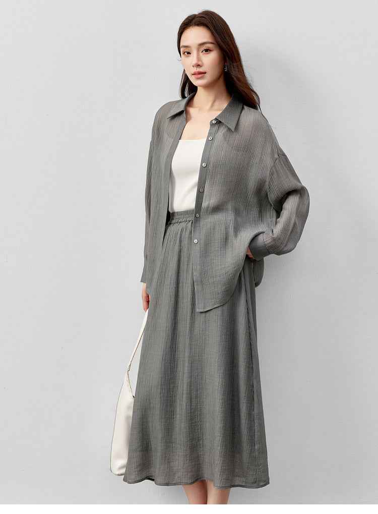 Conjunto Feminino Elegante em Lyocell Camisa e Saia Élodie