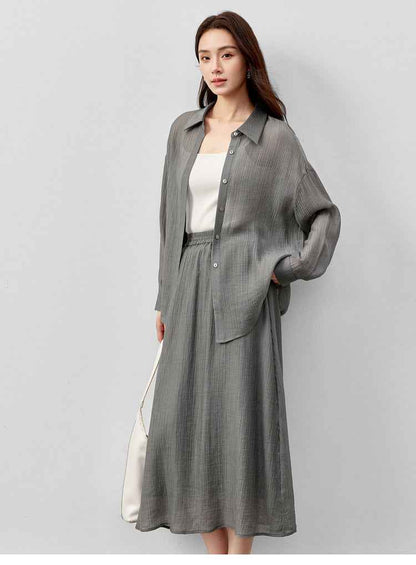 Conjunto Feminino Elegante em Lyocell Camisa e Saia Élodie
