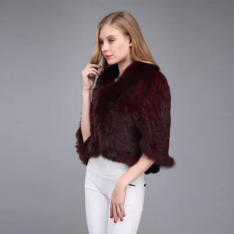 Poncho Casaco de Pele de Coelho e Raposa para Mulheres