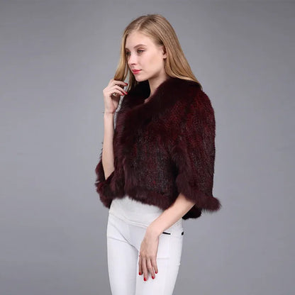 Poncho Casaco de Pele de Coelho e Raposa para Mulheres