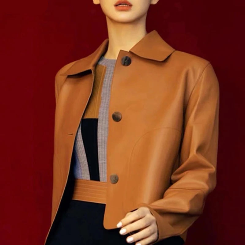 Casacos curtos de pele de carneiro feminino harajuku moda jassen dames fino jaqueta de couro legítimo gola quadrada na moda streetwear casaco
