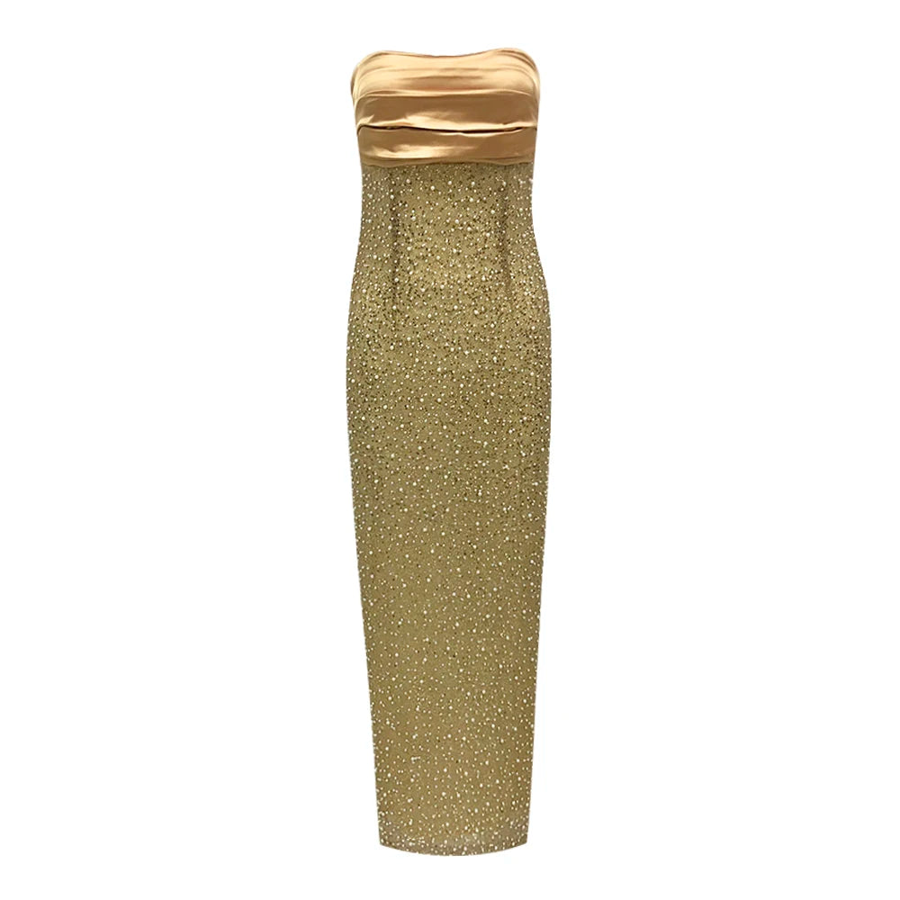 Vc sem alças luxuoso pérolas douradas detalhes vestido longo feminino frisado elegante magro bodycon festa de noite vestido de aniversário