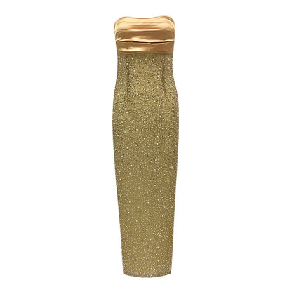 Vc sem alças luxuoso pérolas douradas detalhes vestido longo feminino frisado elegante magro bodycon festa de noite vestido de aniversário