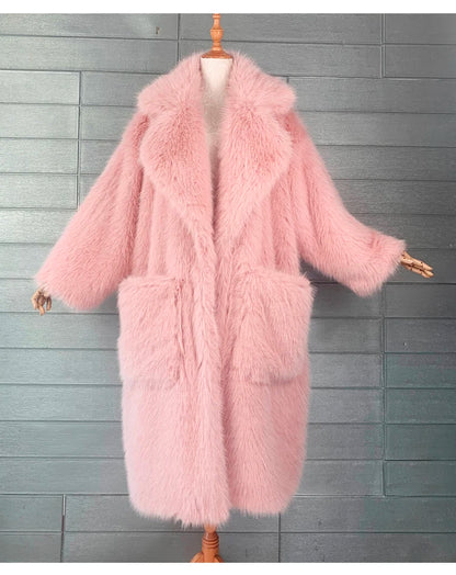 Lautaro inverno longo oversized rosa grosso quente macio desgrenhado fofo casaco de pele do falso feminino bolsos lapela solto doce bonito moda 2022
