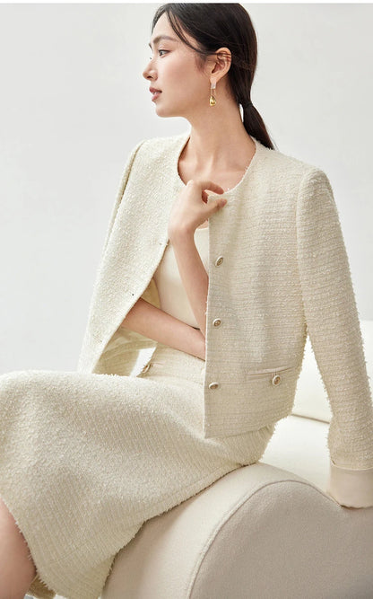 Sentubila conjunto de saia de tweed com textura feminina 2025 outono reto o pescoço jaquetas curtas fenda-hem saia longa conjuntos de 2 peças 143z56291