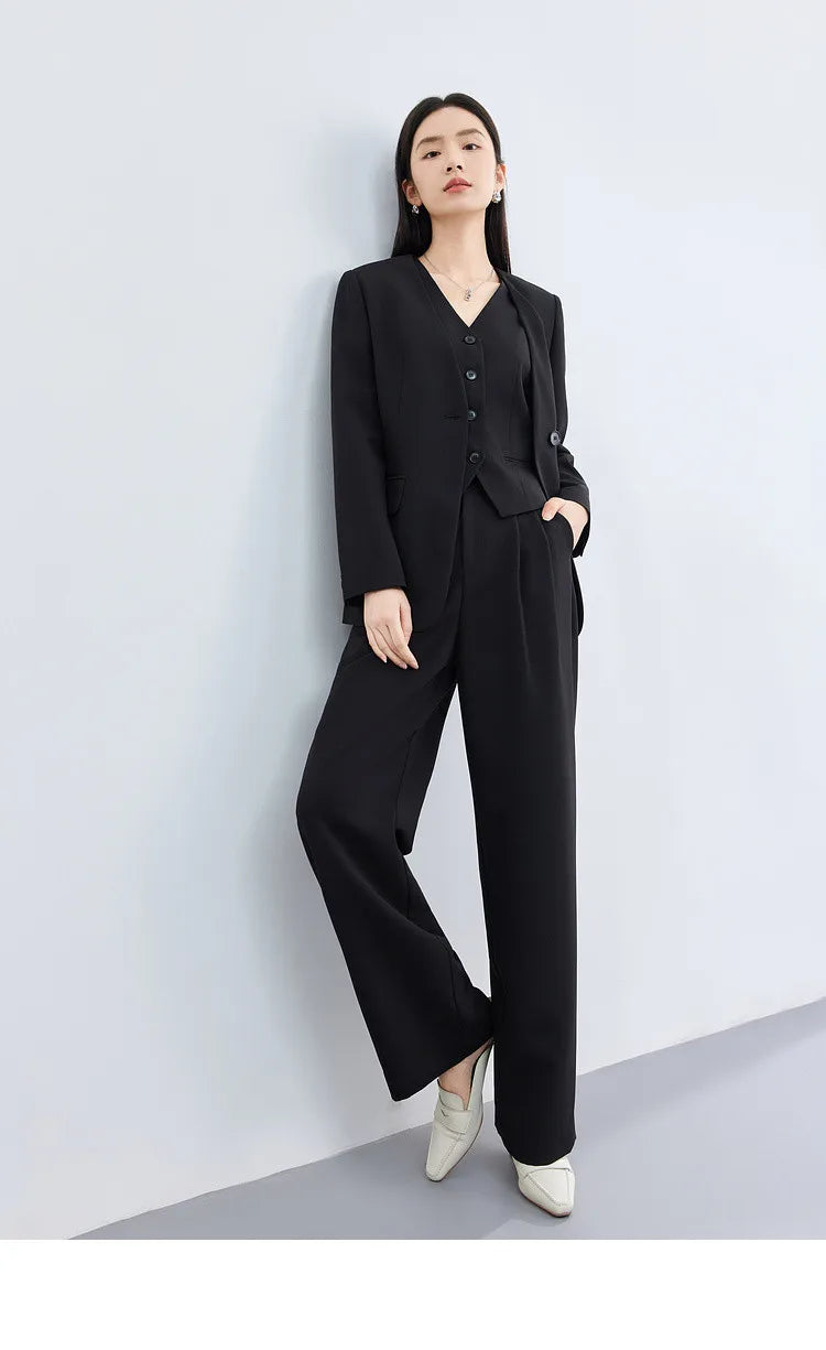 Sentubila mulher 3 peça conjunto roupas 2025 outono moda escritório wear preto colete blazer jaquetas perna larga calça conjunto 141z53019