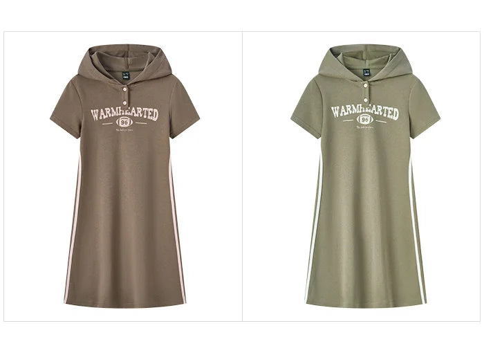 Vestido curto com capuz feminino, vestido semir, estampa de letras, tendência retrô, casual, fino, estilo esportivo, novo, verão, 2024