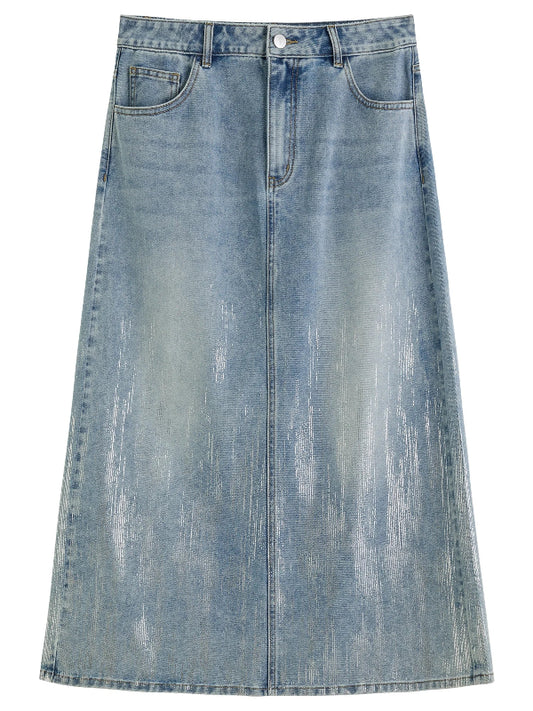 Dushu tamanho inclusivo moda feminina prata prensado saia jeans para o verão 2025 cintura alta emagrecimento comprimento médio 25ds82068