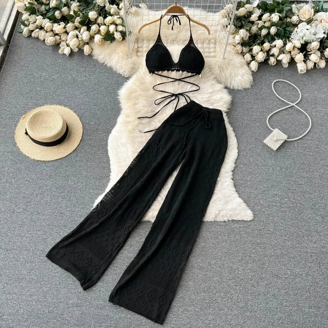 Saída de praia crochê preto conjunto top e calça wide leg