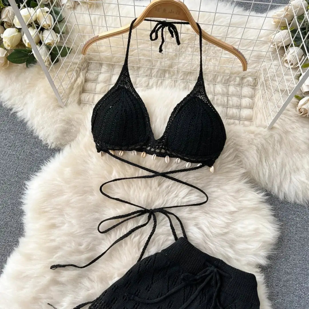 Conjunto saída de praia crochê preto completo top e calça wide leg