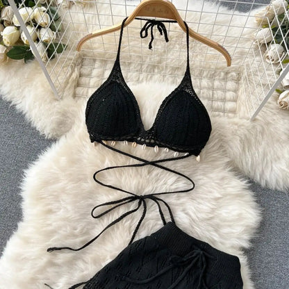 Conjunto saída de praia crochê preto completo top e calça wide leg