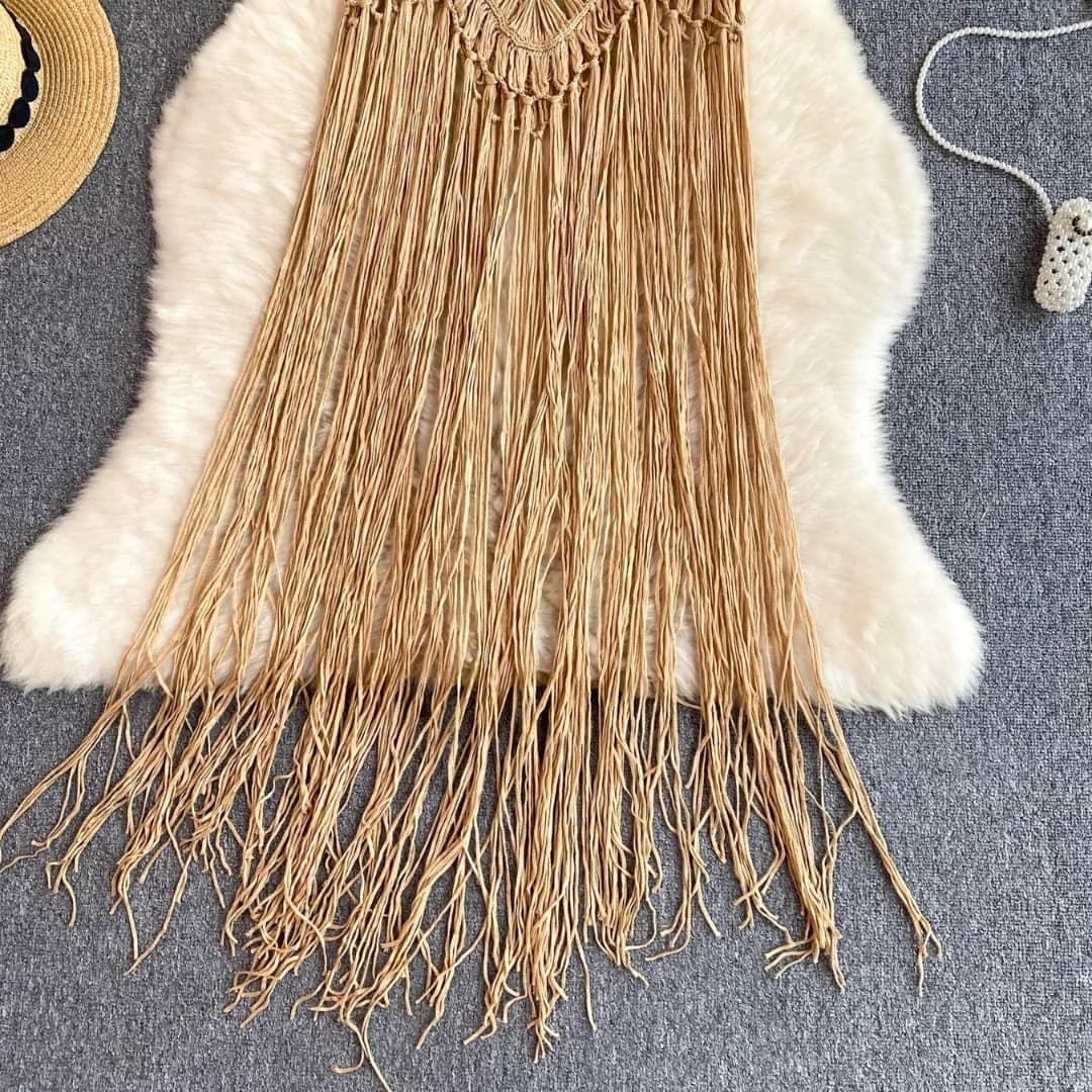 saida de praia vestido croche areia dourada lily detalhe barra longa artesanal