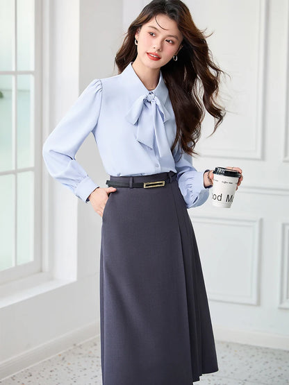 Moda branco azul manga longa blusa feminina senhoras negócios trabalho wear camisa topos
