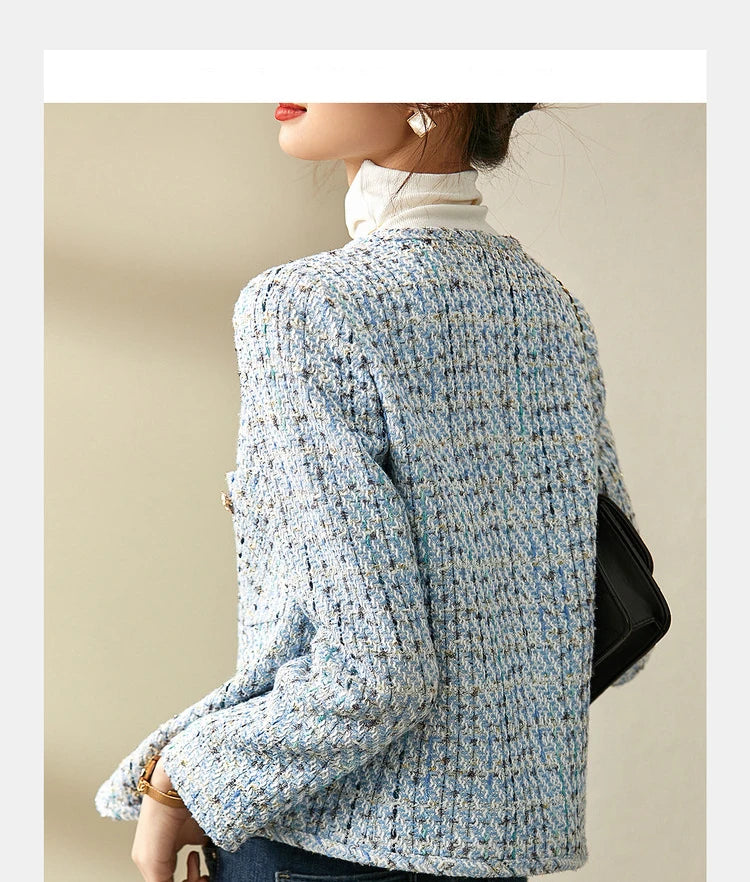 Sentubila recortado tweed jaqueta para mulher 2024 outono elegante moda outerwear o-pescoço casacos curtos roupas femininas 143w56772x