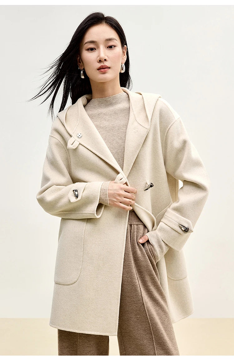 Sentubila dupla face 100% casaco de lã 2024 inverno comprimento médio reto touro chifre fivela feminino com capuz outwear w44o55979