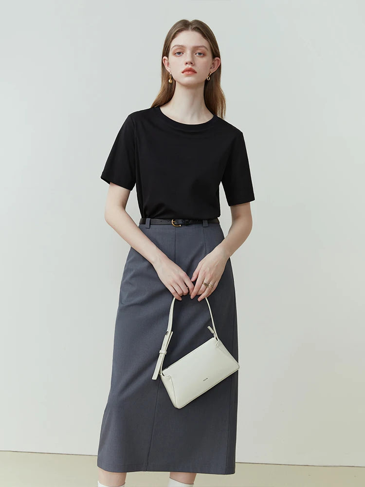 FSLE-camiseta feminina de manga curta, 100% algodão, gola redonda, blusa reta, branca e preta, nova para primavera e verão, 2023