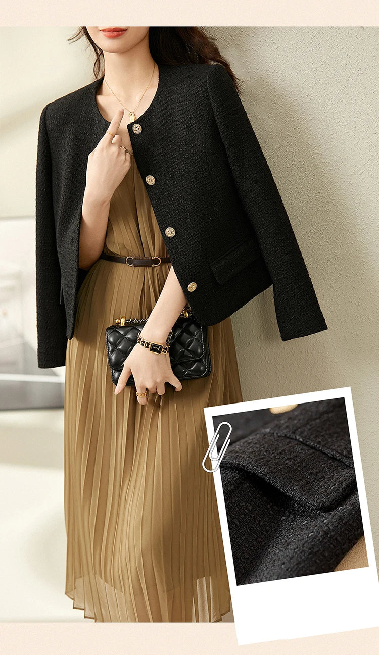 Sentubila preto recortado tweed jaqueta para mulher 2025 primavera único breasted moda estilo coreano casacos curtos outerwears 123w42756