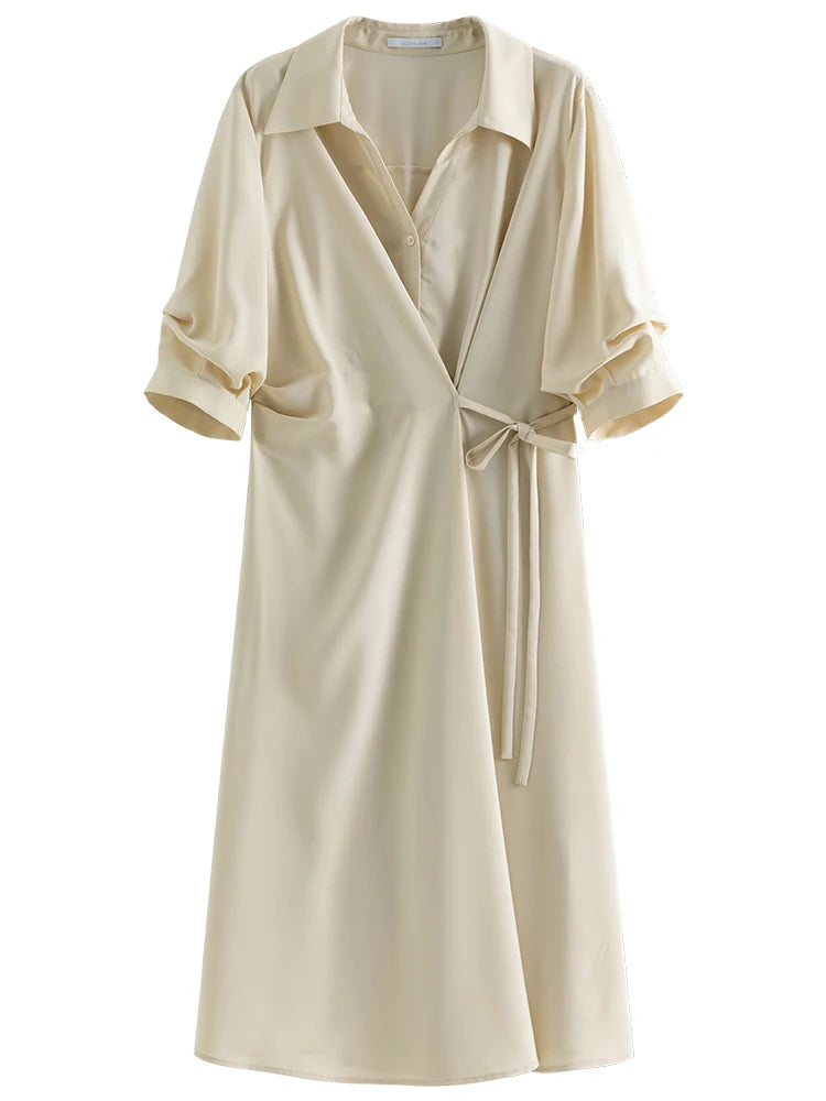 DUSHU-Vestido com design de envoltório feminino, gola virada para baixo, cortina temperamental, meia manga, preto, longa A-line, verão, 2 cores, 24DS82102