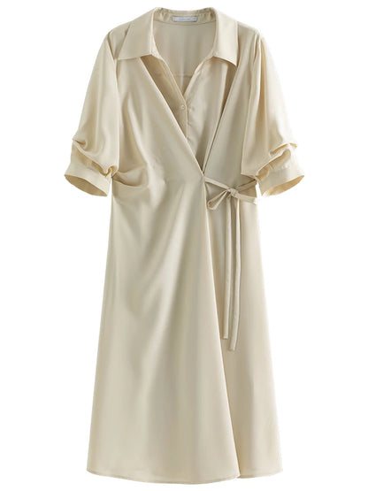 DUSHU-Vestido com design de envoltório feminino, gola virada para baixo, cortina temperamental, meia manga, preto, longa A-line, verão, 2 cores, 24DS82102