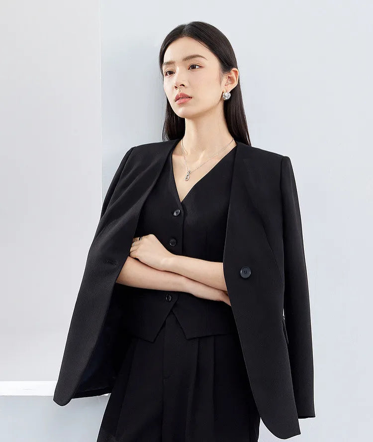 Sentubila mulher 3 peça conjunto roupas 2025 outono moda escritório wear preto colete blazer jaquetas perna larga calça conjunto 141z53019