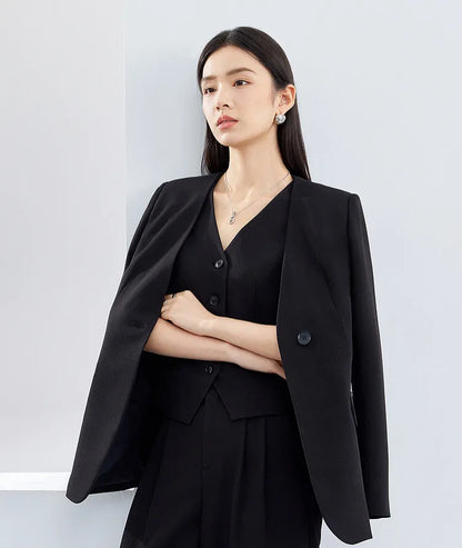 Sentubila mulher 3 peça conjunto roupas 2025 outono moda escritório wear preto colete blazer jaquetas perna larga calça conjunto 141z53019