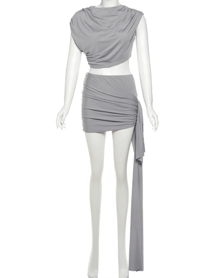 Estranho gato irregular ruched 2 peça conjunto feminino verão regatas + saias de fita lateral estiramento combinando casual simples roupas de rua