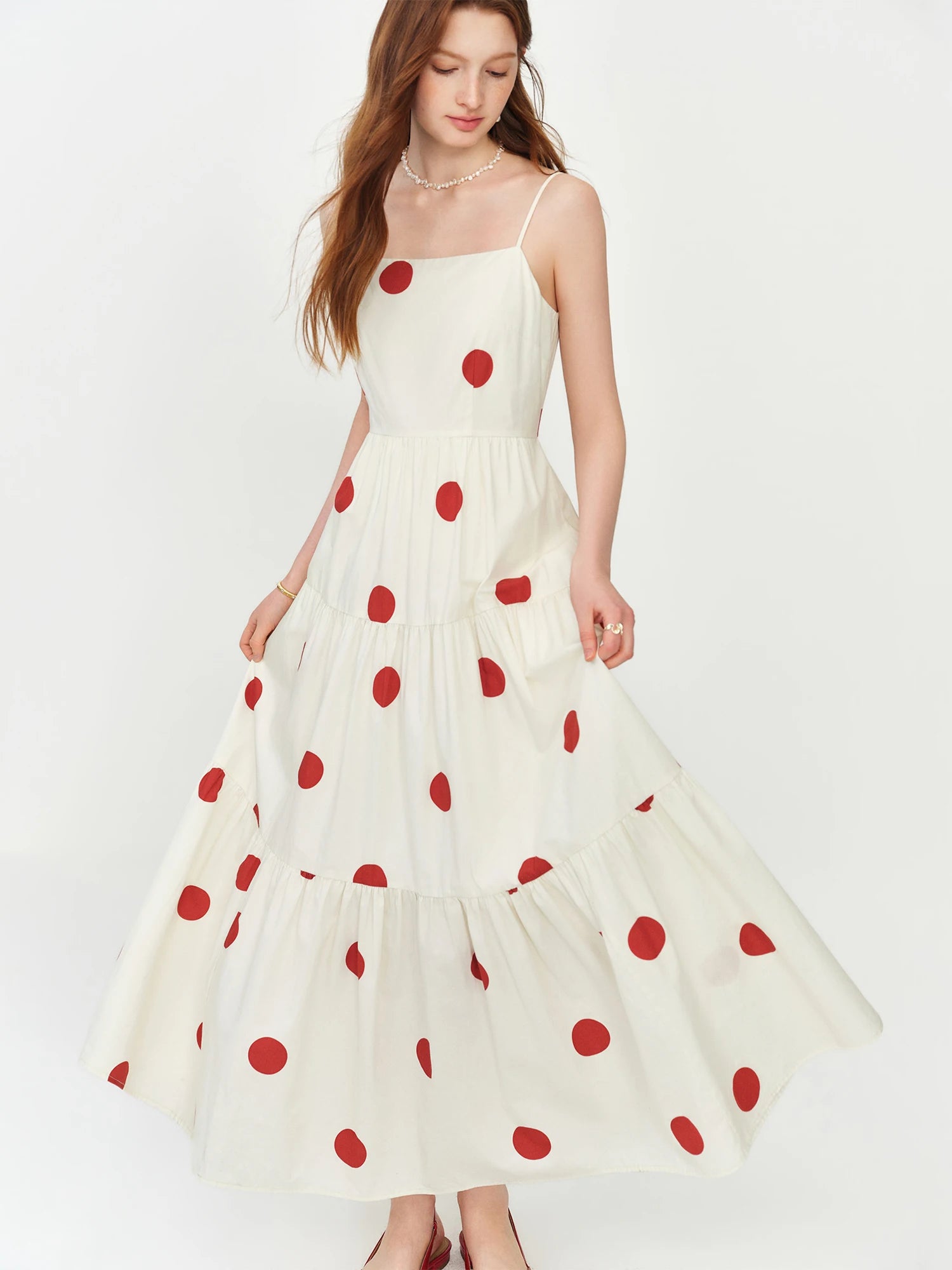 Vestido Longo Estilo Resort FSLE Vermelho com Poás, Decote Quadrado e Alças Ajustáveis para o Verão 2026 - Nova Chegada, Vestido Longo para Noite Romântica