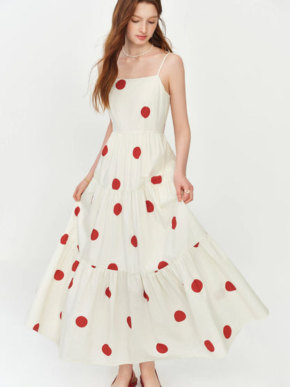 Vestido Longo Estilo Resort FSLE Vermelho com Poás, Decote Quadrado e Alças Ajustáveis para o Verão 2026 - Nova Chegada, Vestido Longo para Noite Romântica