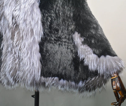 Novo real genuíno natural de malha pele de coelho xale casaco com gola de pele de raposa moda feminina capa de malha
