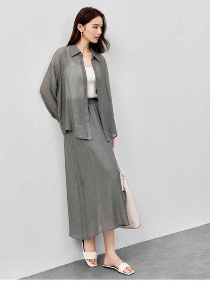 Conjunto Feminino Elegante em Lyocell Camisa e Saia Élodie