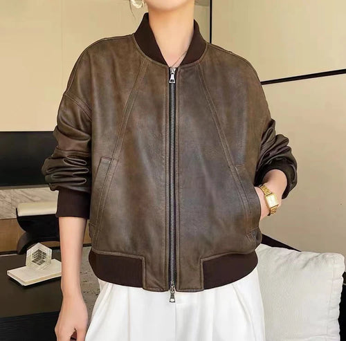 Jaqueta Bomber de Couro Genuíno Martina - AlmaChic