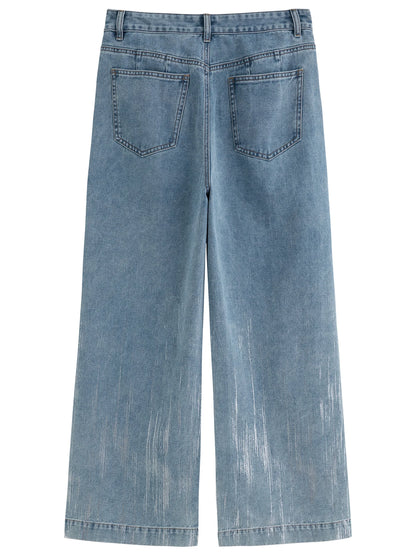Dushu 2025 verão plus size galaxy meteor jeans de cintura alta prata-em relevo calças jeans de perna larga 25ds82056