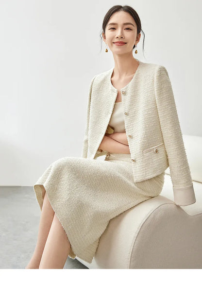 Sentubila conjunto de saia de tweed com textura feminina 2025 outono reto o pescoço jaquetas curtas fenda-hem saia longa conjuntos de 2 peças 143z56291