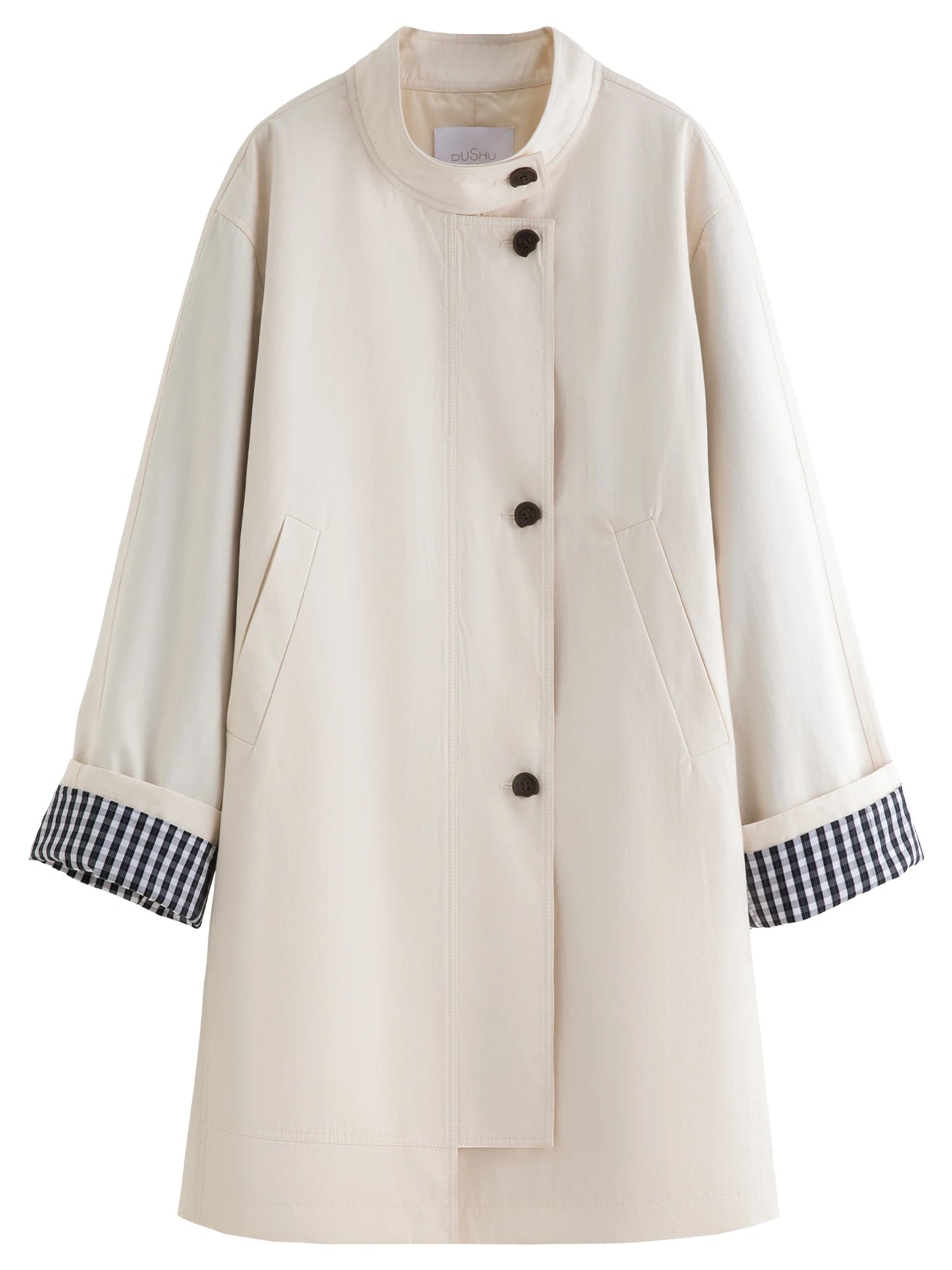 Dushu outono 2025 feminino gola trench coat-ajuste relaxado xadrez retalhos solto outerwear casual blusão topo