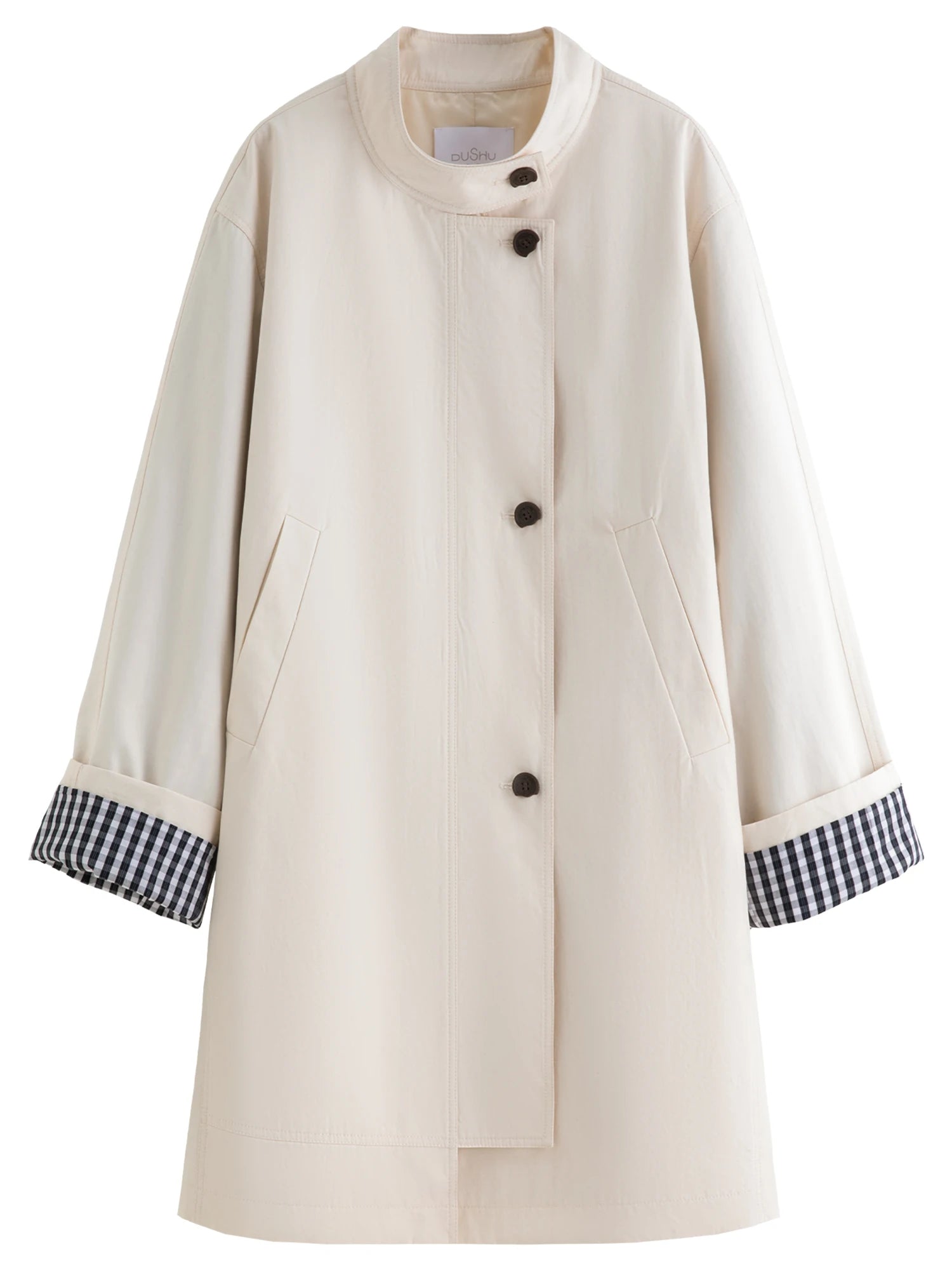 Dushu outono 2025 feminino gola trench coat-ajuste relaxado xadrez retalhos solto outerwear casual blusão topo