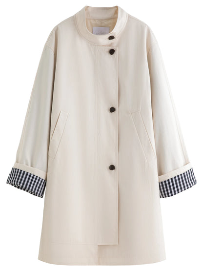Dushu outono 2025 feminino gola trench coat-ajuste relaxado xadrez retalhos solto outerwear casual blusão topo