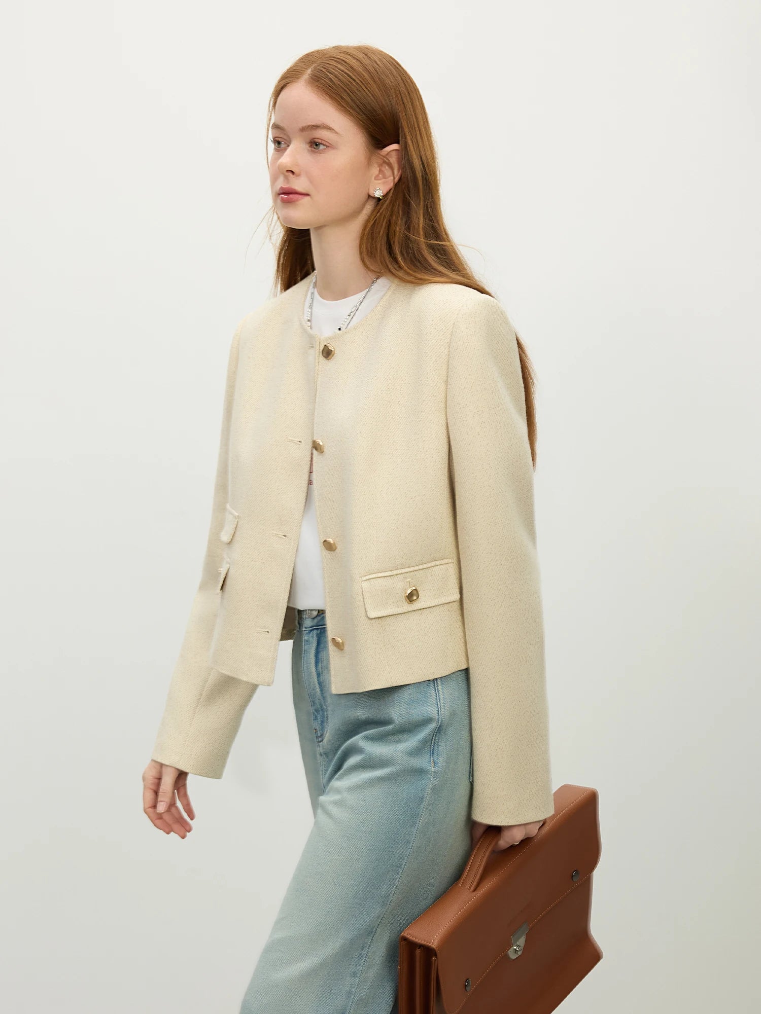 Fsle feminino 2025 primavera tweed jaquetas tempermanet feminino curto frente ombro casacos senhora do escritório casacos bege 25fs11348