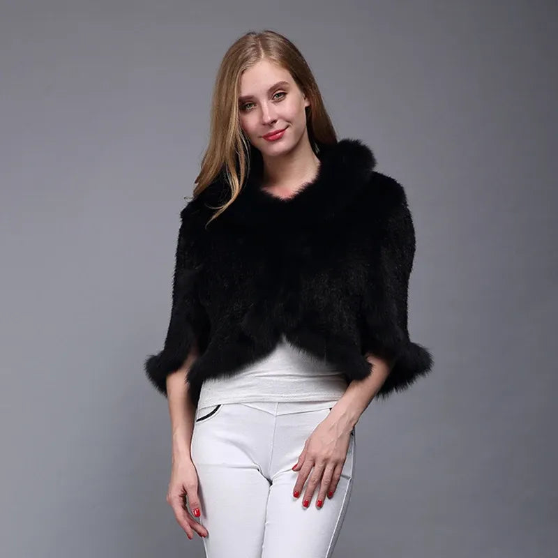 Poncho Casaco de Pele de Coelho e Raposa para Mulheres