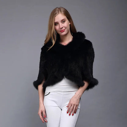 Poncho Casaco de Pele de Coelho e Raposa para Mulheres