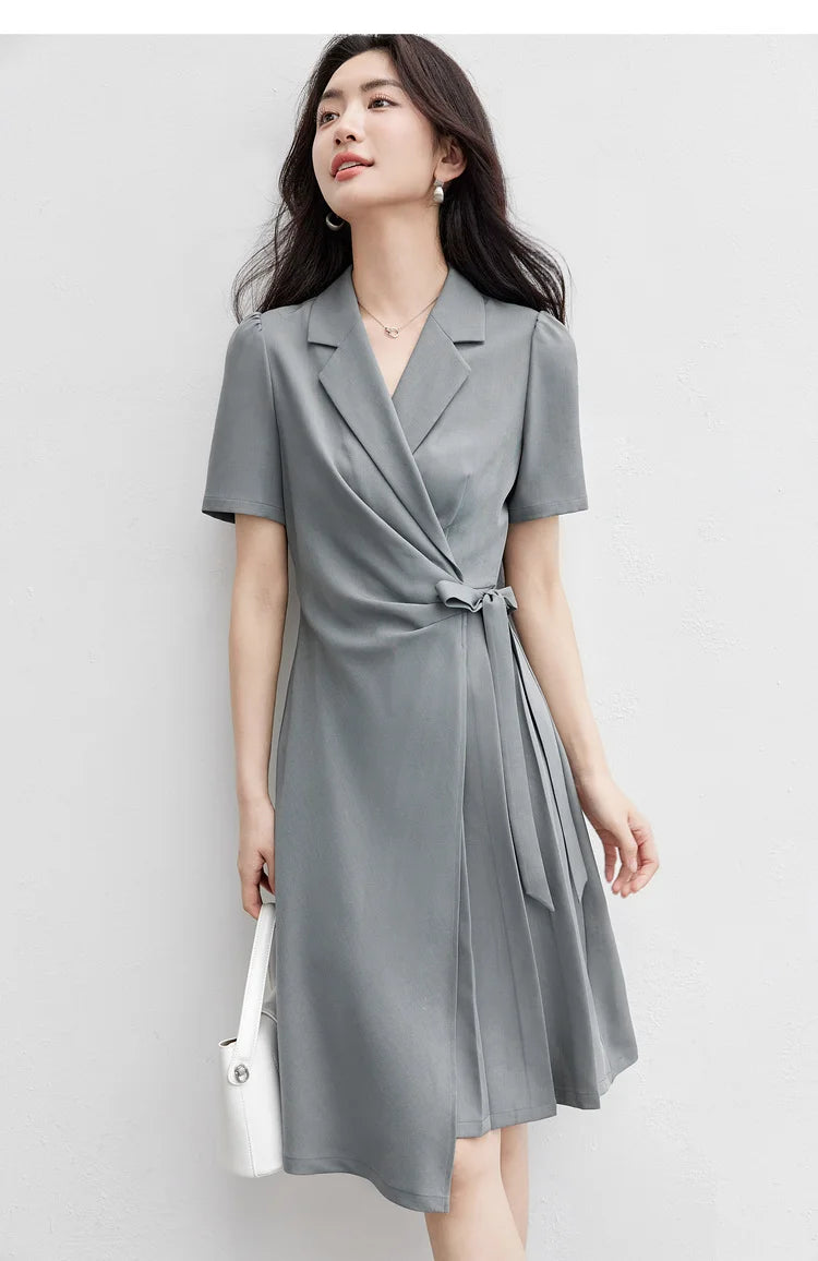 SENTUBILA vestido de verano 2025 mujer lugar de trabajo desplazamientos mangas abullonadas dobladillo Irregular atado cintura Cincher plisado vestidos Midi Q52LC0189