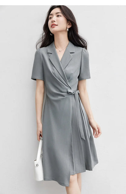 SENTUBILA vestido de verano 2025 mujer lugar de trabajo desplazamientos mangas abullonadas dobladillo Irregular atado cintura Cincher plisado vestidos Midi Q52LC0189