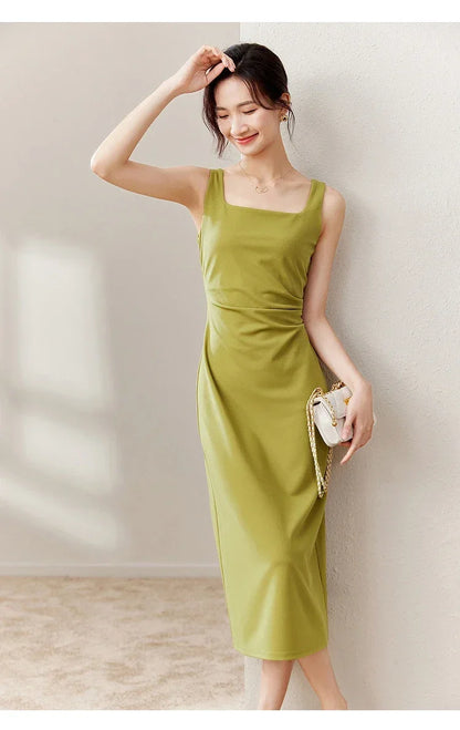 SENTUBILA vestido largo ajustado negro para mujer 2025 Primavera Verano elegante moda estilo Hepburn cuello cuadrado vestidos divididos 133L50329