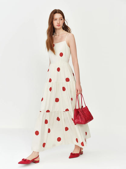 Vestido Longo Estilo Resort FSLE Vermelho com Poás, Decote Quadrado e Alças Ajustáveis para o Verão 2026 - Nova Chegada, Vestido Longo para Noite Romântica