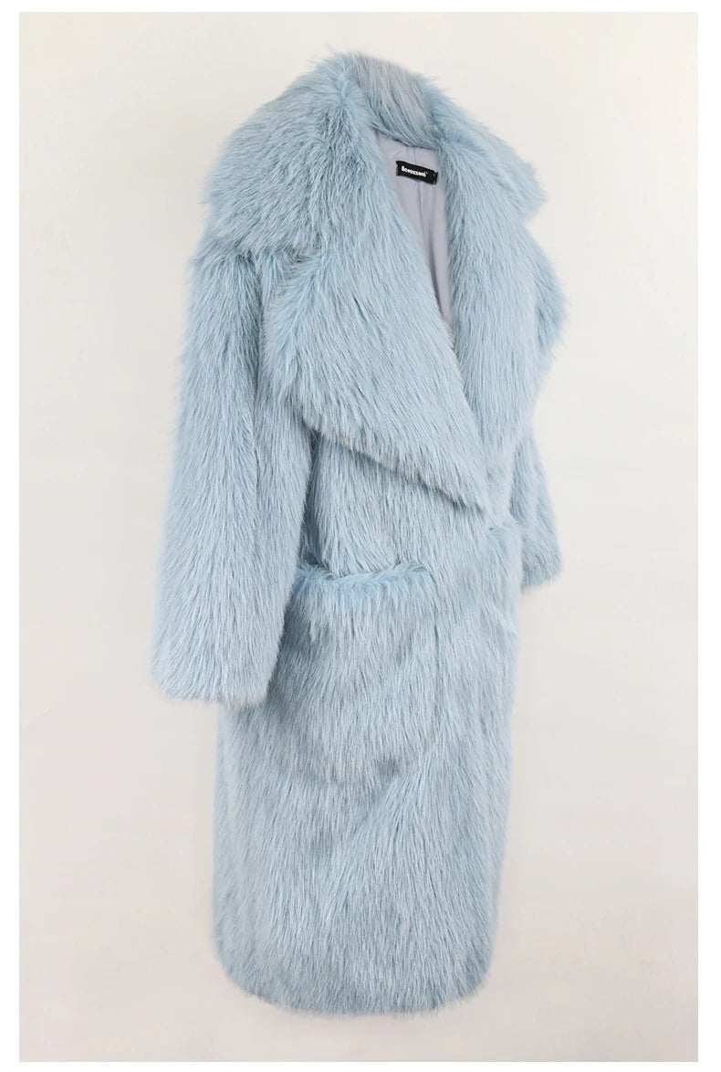 Lautaro inverno longo oversized rosa grosso quente macio desgrenhado fofo casaco de pele do falso feminino bolsos lapela solto doce bonito moda 2022