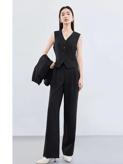 Sentubila mulher 3 peça conjunto roupas 2025 outono moda escritório wear preto colete blazer jaquetas perna larga calça conjunto 141z53019
