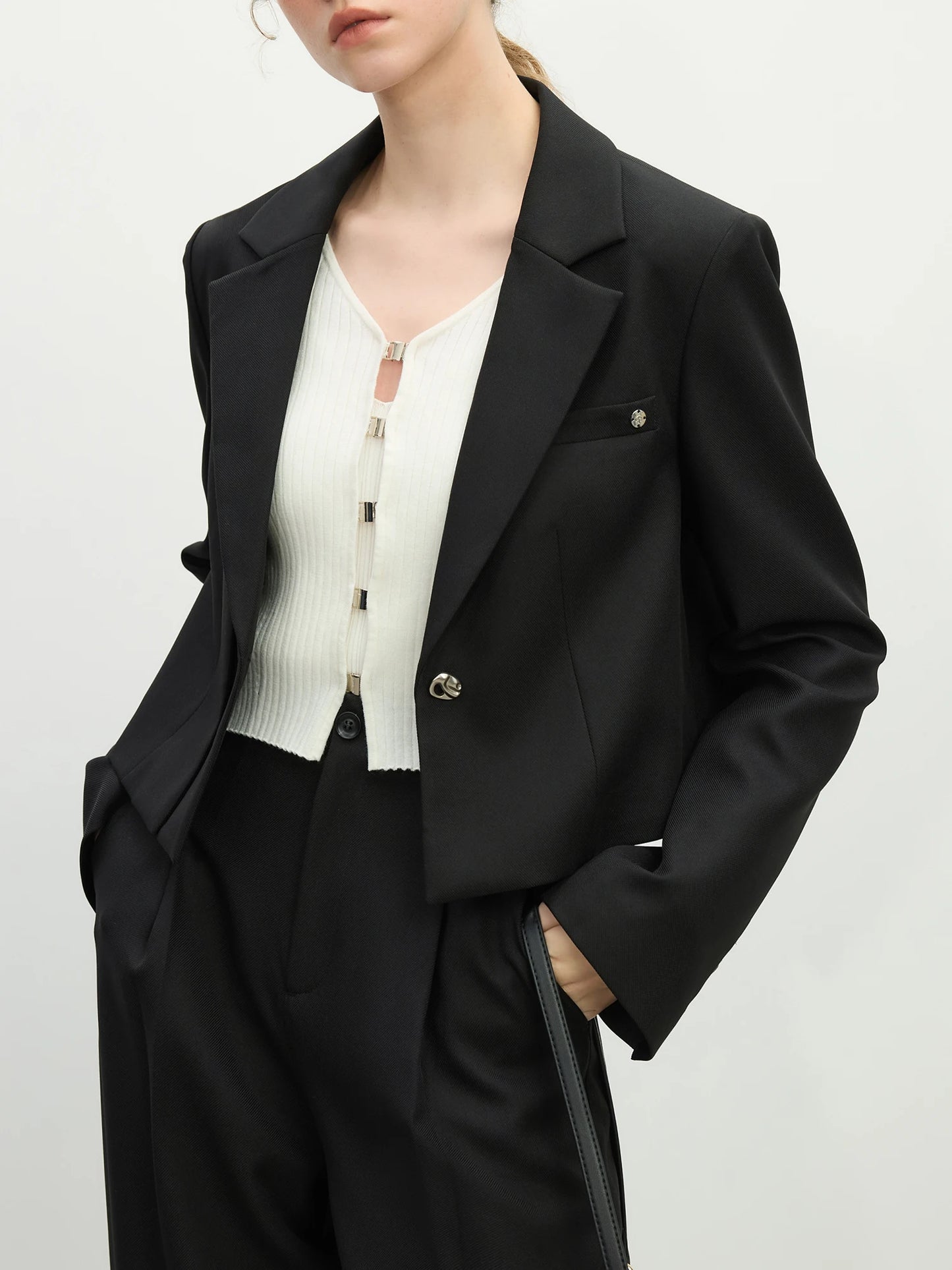 FSLE Women Spring Black Suit Sets Office Lady Temperament Short Single Button Blazers Full Length Trousers 25FS11065+25FS11066