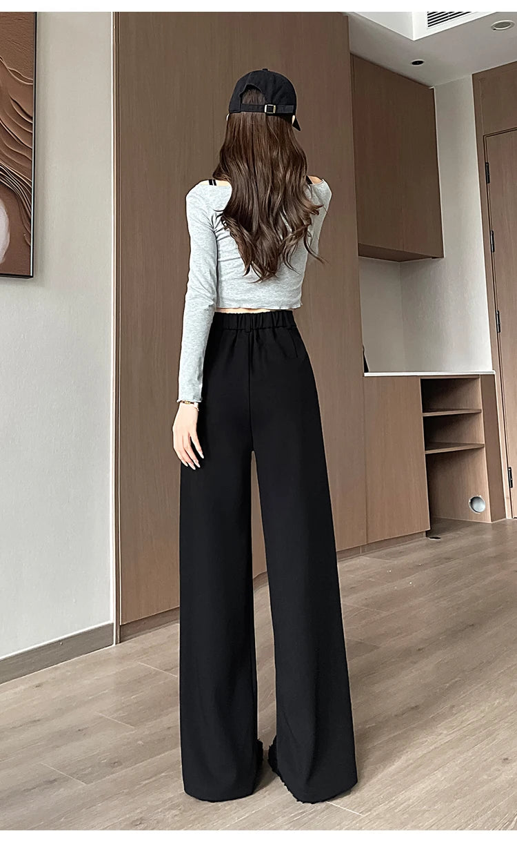 Seoulish-Calça de perna larga feminina, calça feminina elegante, monocromática, casual, solta, escritório, comprimento total, coreano, botão, Novo, Outono, 2022