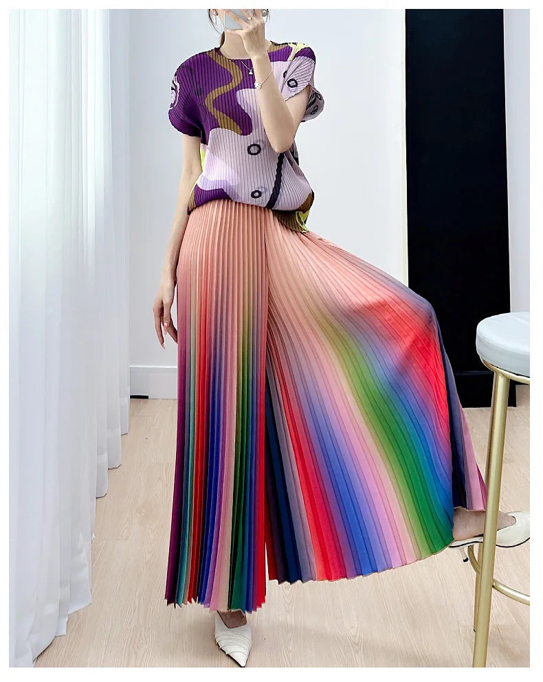 Primavera/Verão Novo Gradiente das mulheres Plissado Solto e Versátil Perna Larga Alargamento Calças Moda Outono Street Style Rainbow Calças
