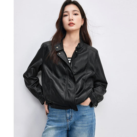 Sentubila jaquetas de couro falso feminino 2025 primavera moda retro em linha reta suporte pescoço zíper recortado highstreet casacos do plutônio w51g80160
